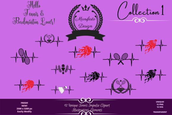 12 Beautiful TENNIS Badminton Elements Graphics and Crafts